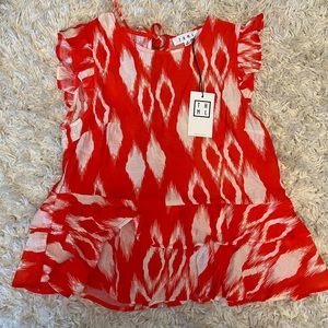 THML ikat design ruffle sleeveless, orange and white blouse, NWT